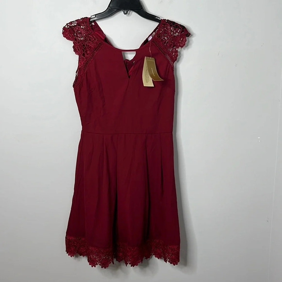 Francesca's Collections Dresses & Skirts - Francesca’s Burgundy Lace Sleeve Tie Back Dress NWT